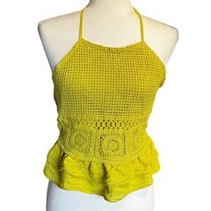 Milk & Honey Anthropologie Halter Top Yellow Crochet Ruffle Boho Festival Sz S